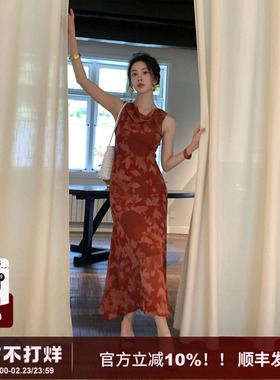 SYT自制  法式荡领后绑带花朵连衣裙女2025秋季新款红色收腰长裙