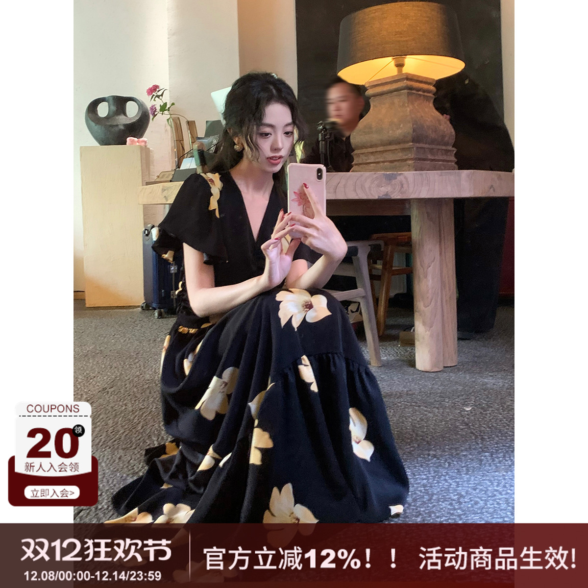 法式复古大花朵V领收腰连衣裙