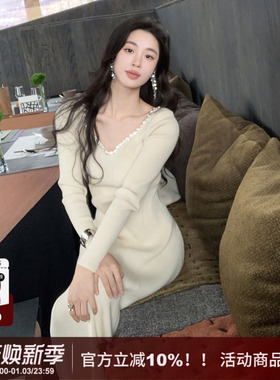 SYT自制 水钻高品质显瘦方领针织连衣裙女冬季新款收腰修身长裙子