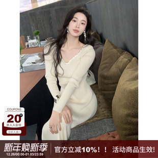 收腰修身 新款 长裙子 水钻高品质显瘦方领针织连衣裙女冬季 SYT自制