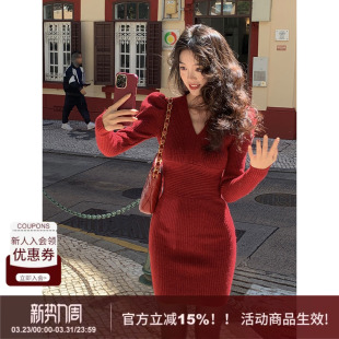 v领气质短裙 2026新款 SYT年代感复古 含羊毛收腰显瘦连衣裙女春季