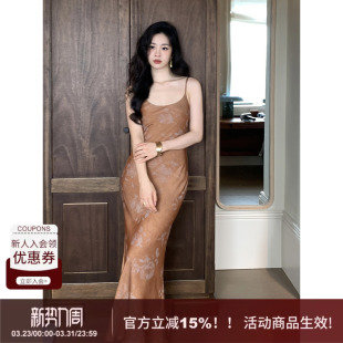 缎面印花吊带连衣裙女秋新款 法式 SYT自制 收腰长裙 落日缎影