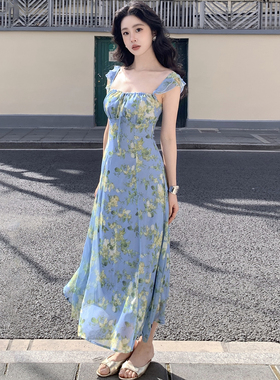 SYT自制 度假氛围感小飞袖收腰印花连衣裙女夏季新款蓝色花长裙子