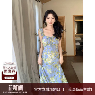 SYT飘逸灵动 花朵连衣裙女纯欲慵懒收腰碎花度假长裙 清冷感小飞袖