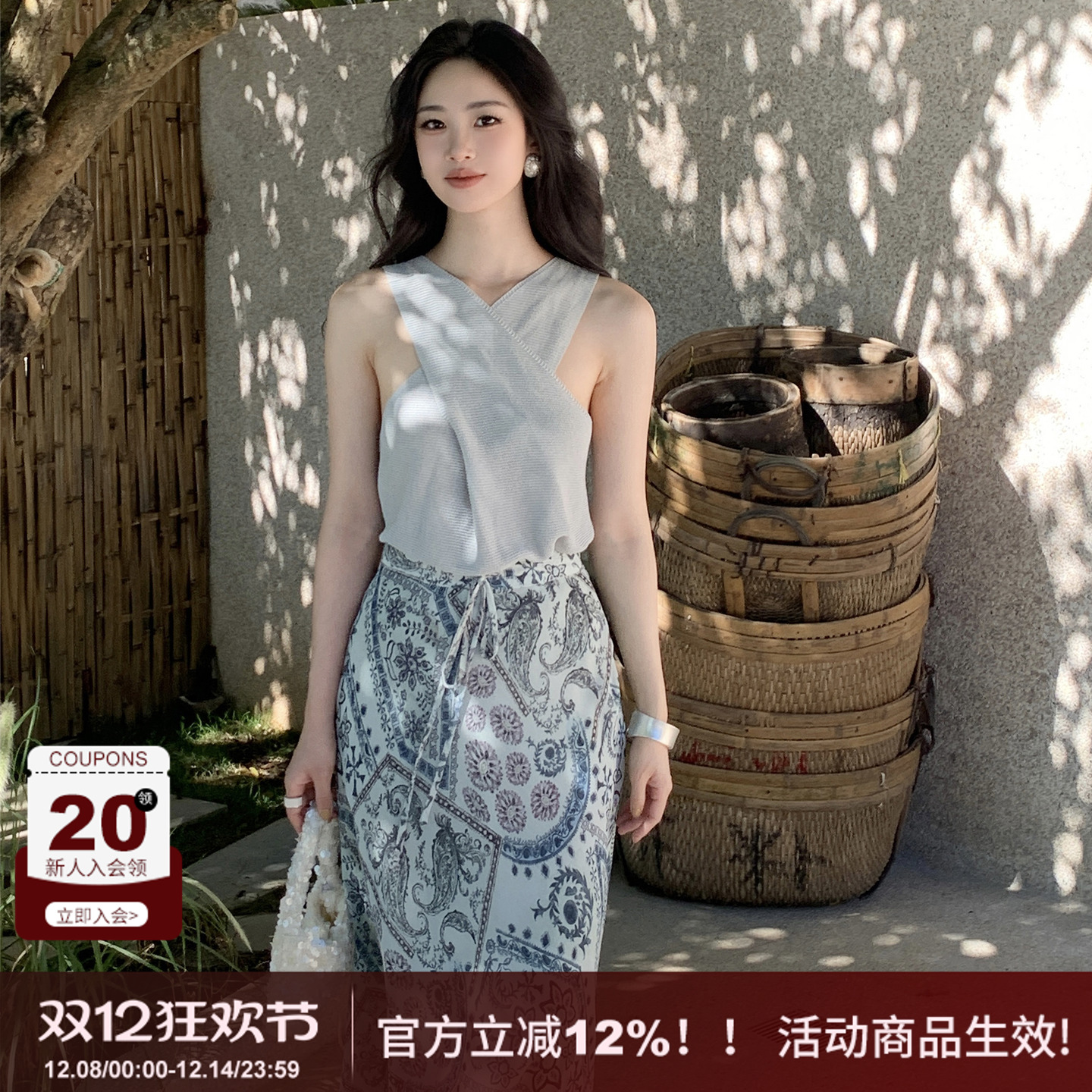 正反两穿交叉无袖针织背心T恤