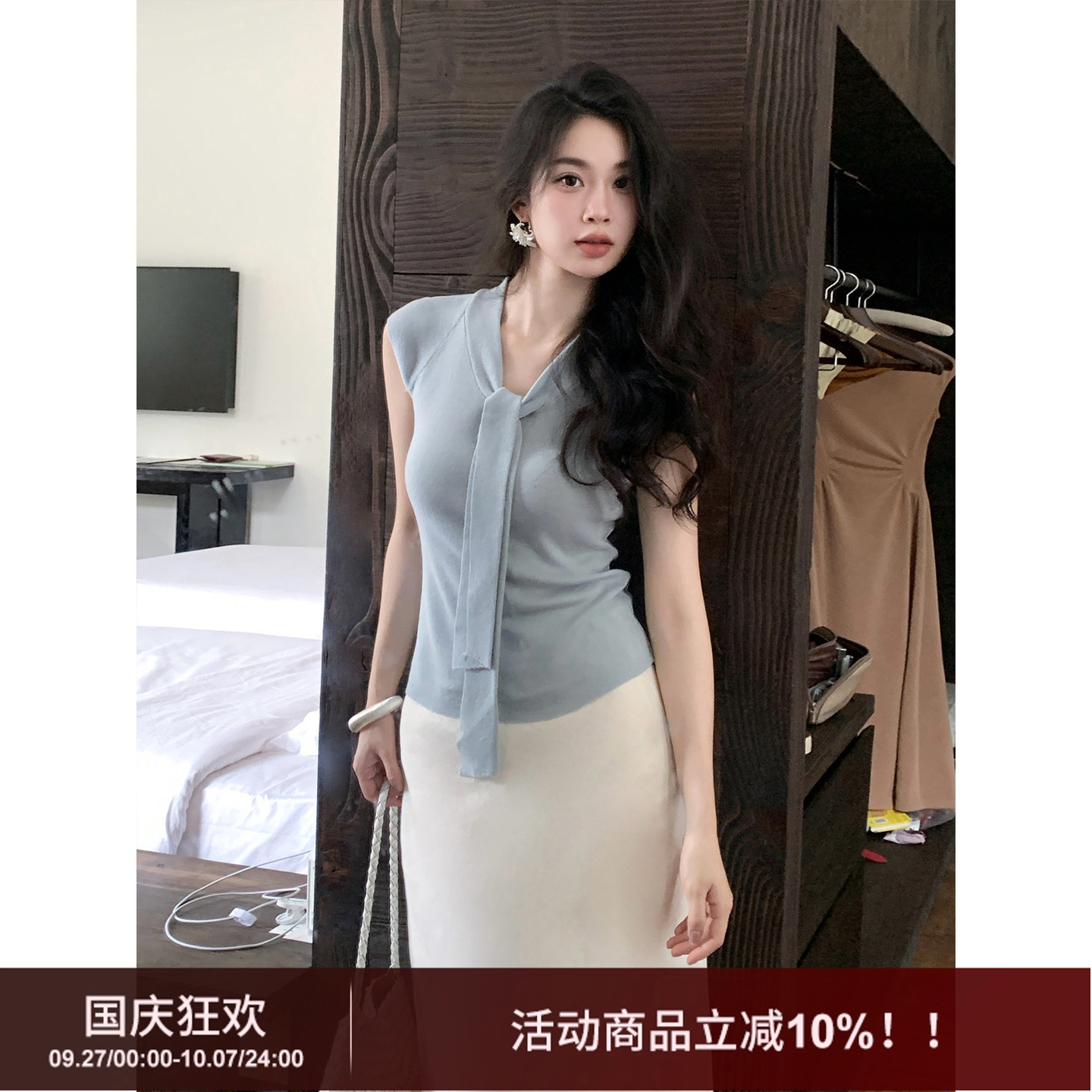 SYT自制设计款领带针织短袖上衣
