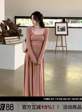 SYT自制 高端气质纯色天丝亚麻长袖开衫吊带修身显瘦三件套装裙女