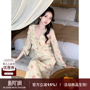 显瘦长袖 复古风木耳边V领雪纺印花修身 收腰A字连衣裙 法式 SYT自制