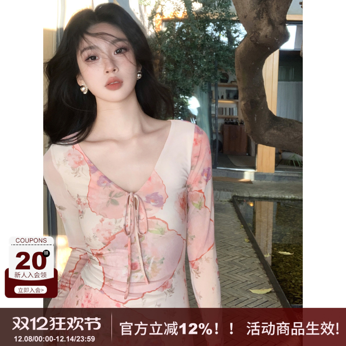 SYT原创油画花纹显瘦v领连衣裙