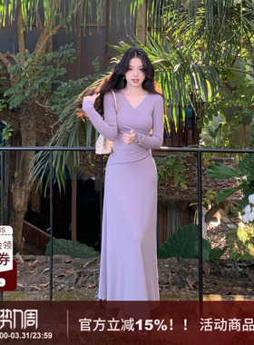 SYT自制 极简休闲风气质V领长绒棉修身型交叉绑带套装A字连衣裙女