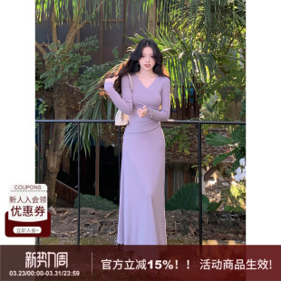 A字连衣裙女 型交叉绑带套装 SYT自制 极简休闲风气质V领长绒棉修身