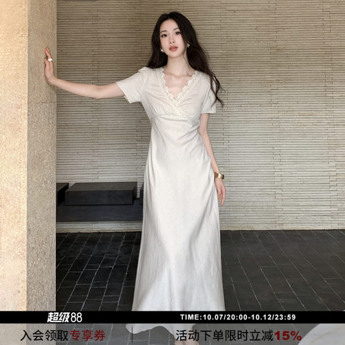 亚麻高品质蕾丝v领连衣裙