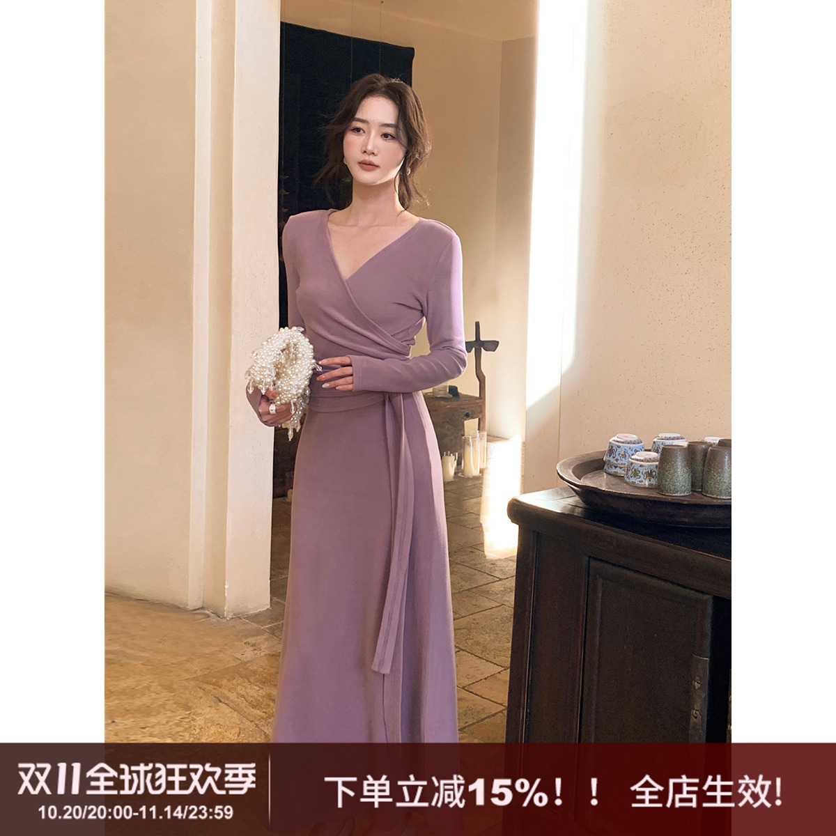 SYT现货法式交叉绑带套装连衣裙