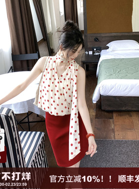 SYT自制 法式红色波点雪纺背心女2025年秋季新款港风挂脖v领上衣