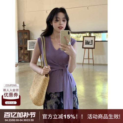 SYT自制无袖针织绑带上衣T恤