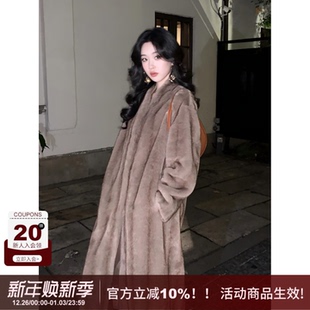 SYT自制 高级千金感纯色仿皮草毛茸茸V领长外套宽松皮毛一体大衣