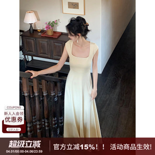 简约方领绑带连衣裙女百搭气质垂感收腰显瘦修身 长裙 法式 SYT自制