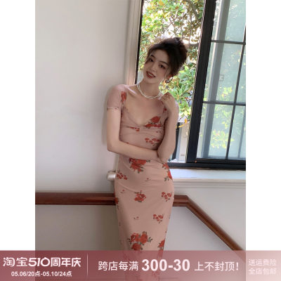 新中式方领修身显瘦花朵连衣裙女