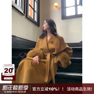 新款 子绵羊毛双面呢子大衣女冬季 系带大翻领外套 狐狸毛袖 SYT自制