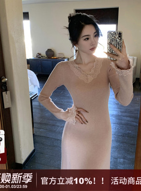 【软烟罗】SYT自制 法式高品质性感纯欲蕾丝拼接边针织长袖连衣裙