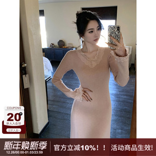 高品质性感纯欲蕾丝拼接边针织长袖 法式 SYT自制 连衣裙 软烟罗