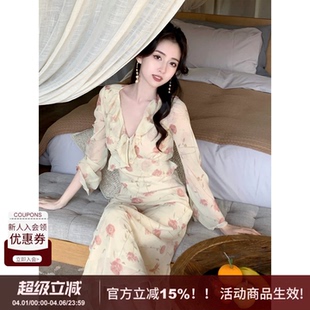 SYT自制 复古风木耳边V领雪纺印花修身 显瘦长袖 收腰A字连衣裙 法式