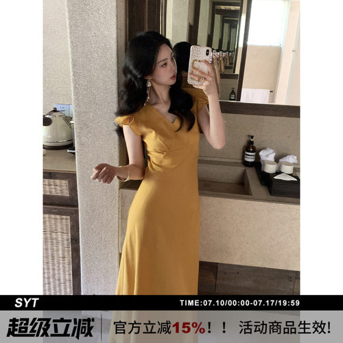 小飞袖天丝亚麻绑带V领连衣裙