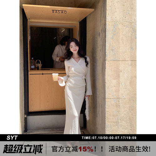 SYT现货亚麻收腰绑带套装连衣裙