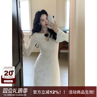 喇叭袖 SYT自制绝美暗纹提花水滴领针织连衣裙女新款 长裙 绵月