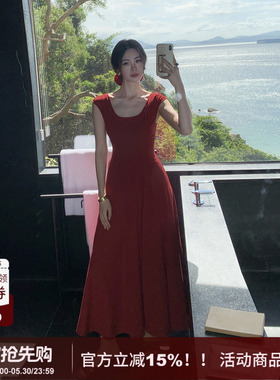 SYT原创 法式圆领长款大摆连衣裙女2026春季新款U型领大摆长裙子