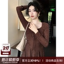 SYT自制 套头连衣裙大摆裙女 复古通勤风暗纹U型领绑带收腰A字长袖