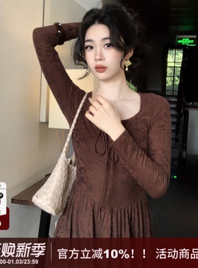SYT自制 复古通勤风暗纹U型领绑带收腰A字长袖套头连衣裙大摆裙女