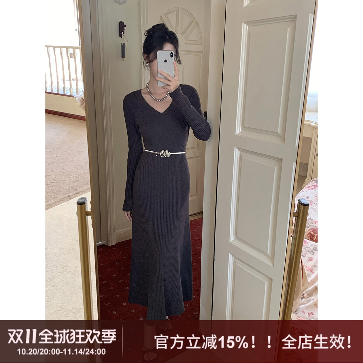 SYT现货v领显瘦收腰针织连衣裙