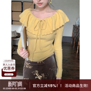 纯色甜美风荷叶领绑带修身 SYT自制 型针织上衣新年毛衣女 温知