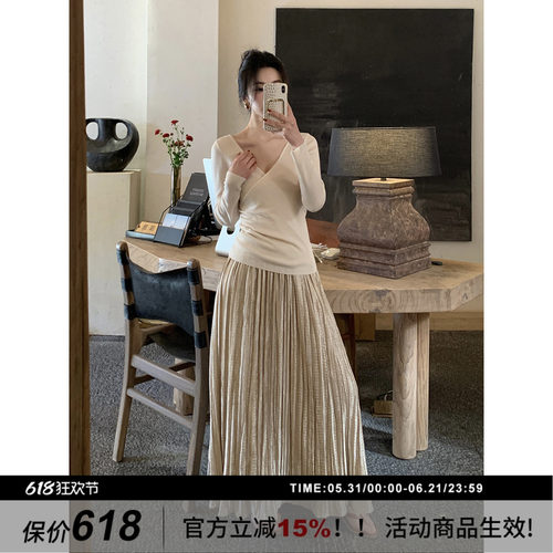 春季法式珠光褶皱百褶半身裙