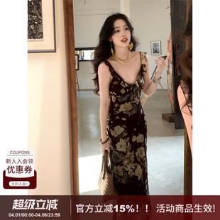 SYT自制 复古高品质100人丝花朵修身 型显瘦度假连衣裙女 春酿