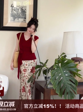 【花信】SYT自制 复古优雅风气质大花朵高腰修身A字鱼尾半身裙女