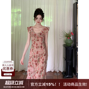 SYT自制款 浪漫花朵连衣裙女夏季 新款 收腰显瘦纯欲圆领长裙子 法式
