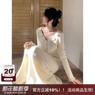 优雅气质套装 SYT自制 饰上衣加半身裙针织长袖 拼接花朵装 V领法式