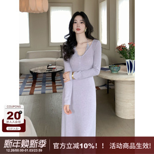 高级感蕾丝边挂脖半开领紧身长袖 SYT自制 针织连衣裙 浮光记