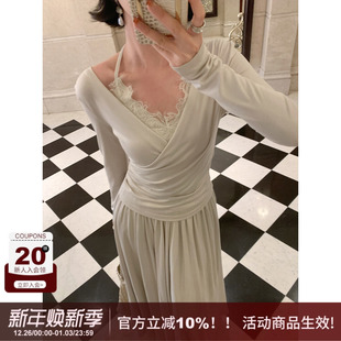 挂脖蕾丝拼接花边设计三件套装 法式 SYT自制 收腰连衣裙 杏云翩