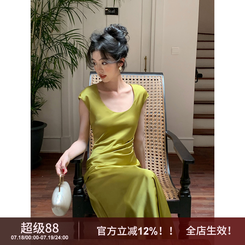 醋酸新中式缎面短袖连衣裙收腰裙