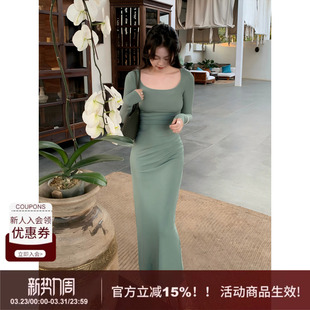 型长袖 极简卡戴珊方领收腰修身 SYT自制 连衣裙莫代尔长裙 青阳