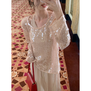 SYT气质名媛 吊带套裙女松弛宽松显瘦高级感连衣裙 马海毛亮片罩衫