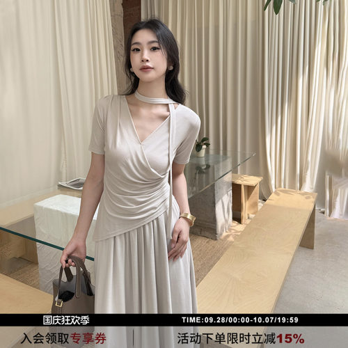 通勤显瘦v领短袖套装连衣裙