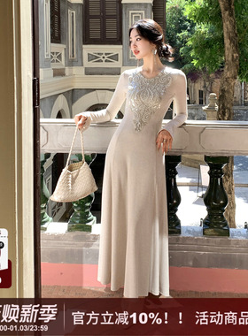 【月下星河】SYT自制 法式名媛风亮片长裙刺绣收腰显瘦针织连衣裙