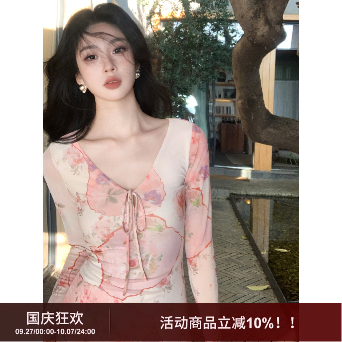 SYT原创油画花纹显瘦v领连衣裙