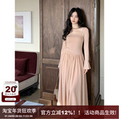 方溯 SYT自制垂感超好修身 方领喇叭袖 连衣裙女新款 大摆型长裙