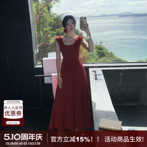 法式圆领长款大摆连衣裙