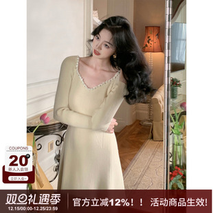 SYT自制 纯欲水钻桃心领针织连衣裙显瘦包臀裙女秋冬内搭打底长裙